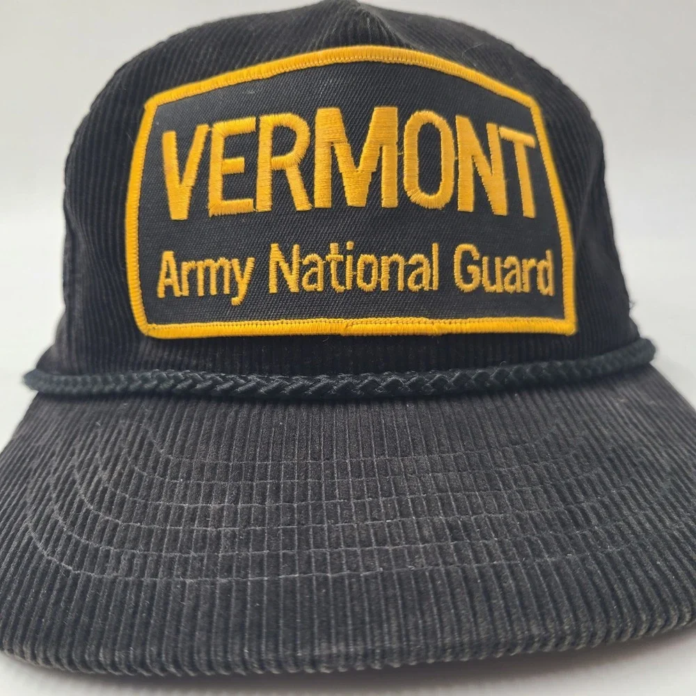 Vintage Vermont Army National Guard Hat Snapback Black Yellow Rope Corduroy Men